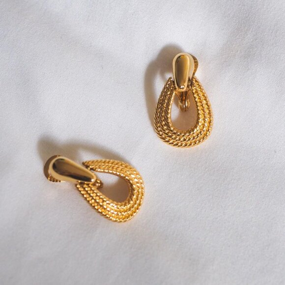 Gold Clip-On Drop Earrings - Picture 2 of 3